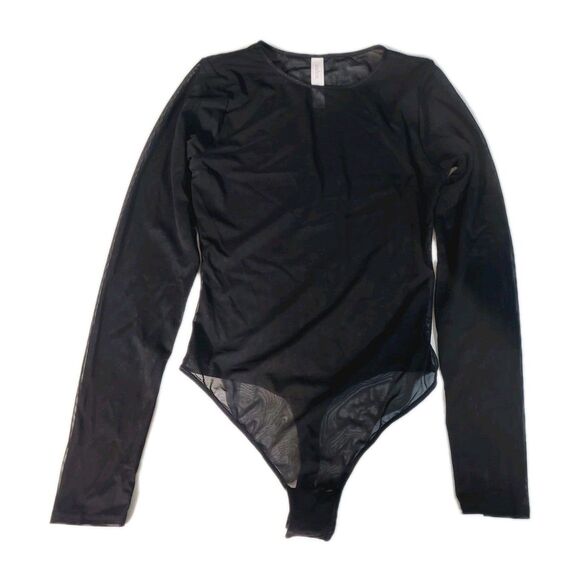 Auden Women's XS Mesh Long Sleeve Bodysuit Stretch Black Snap Close Transparent - Picture 4 of 9